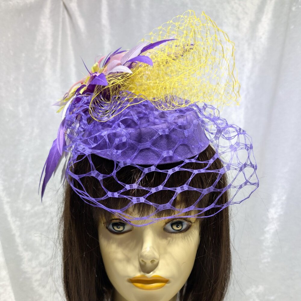 Purple & Yellow Pillbox Style Fascinator with a Dramatic Feather Focal Point